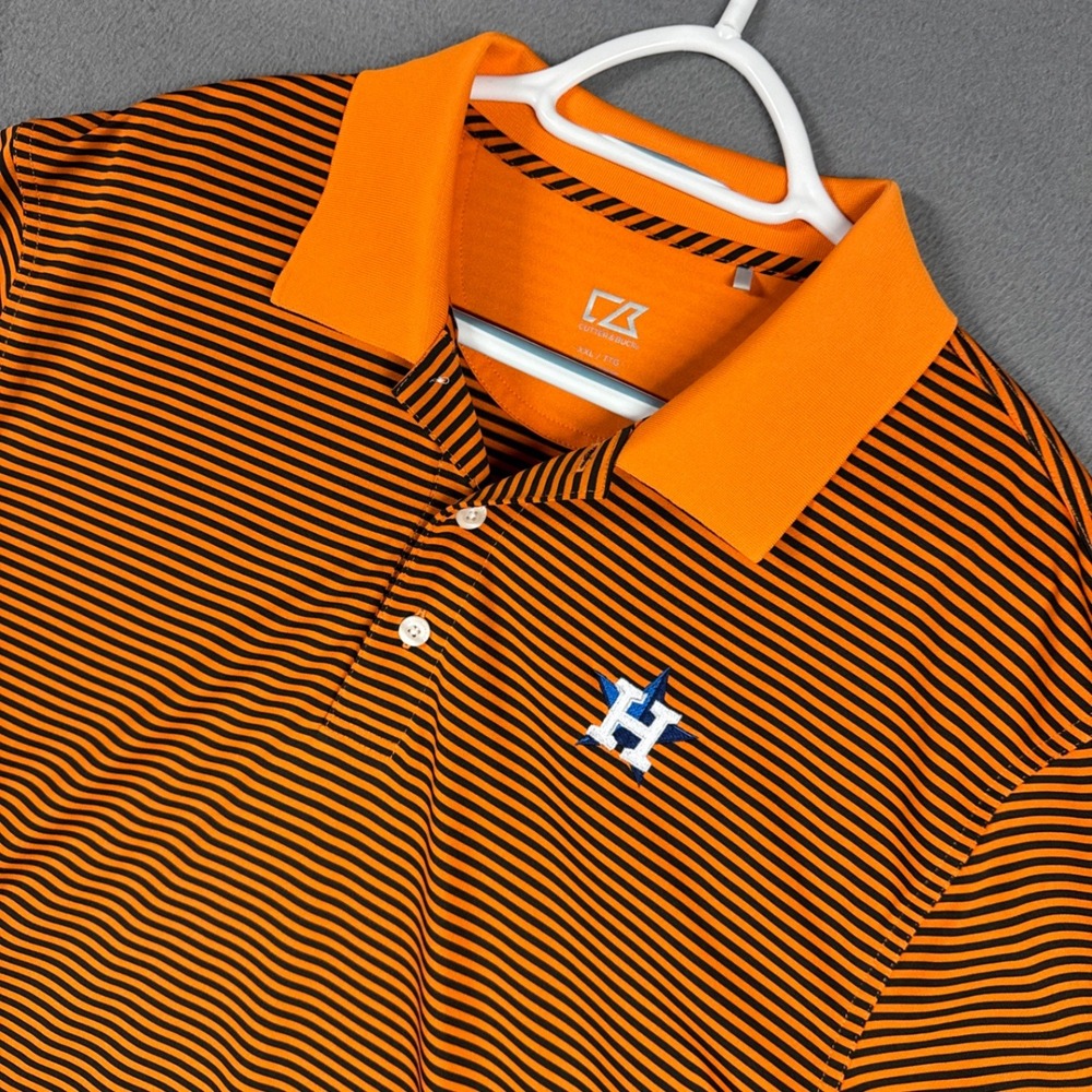 Cutter & Buck Polo Shirt Mens XXL 2XL Orange Striped Stretch Houston Astros MLB